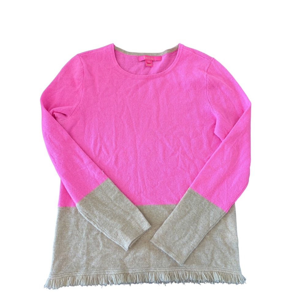 Lilly Pulitzer Pink Tan Colorblock 100% Cashmere Fringe Hem Sweater Small